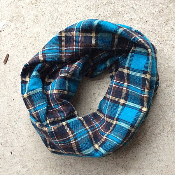 brushed cotton infinity scarf, turquoise with brown and ochre plaid