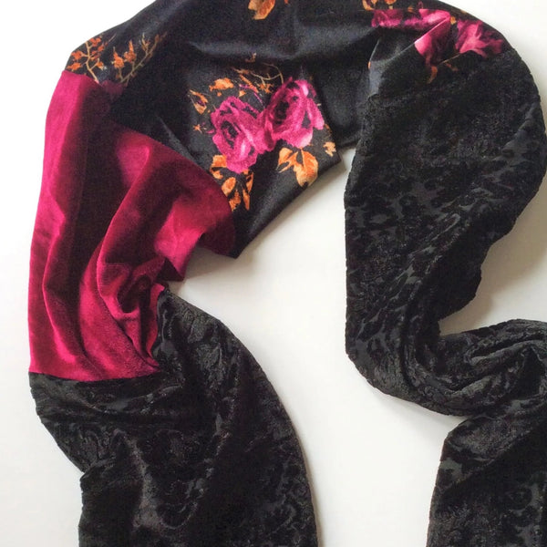 handmade velvet scarf colour blocked magenta and black