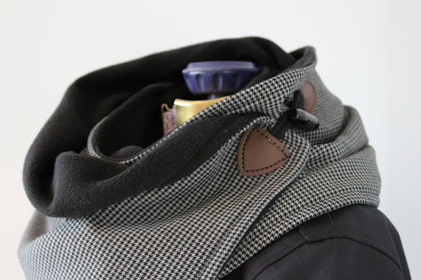 men's grey and black houndstooth and fleece neck wrap toggle detail
