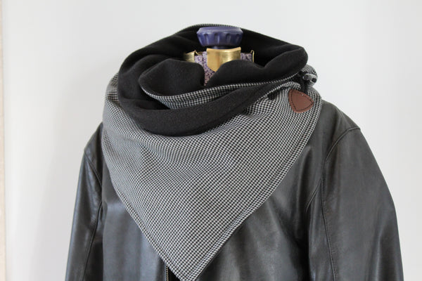 men's grey and black houndstooth and fleece neck wrap with jacket