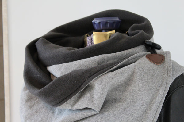 men's grey jersey knit and fleece neck wrap close up