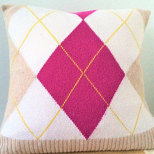 upcycle sweater pillow with beige, ivory and fuschia argyle pattern on one side solid beige on reverse 