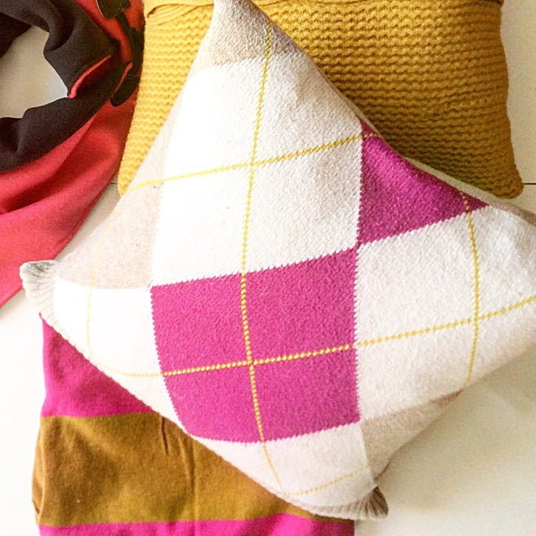 Upcycled Sweater Pillow - Pink and Tan Argyle