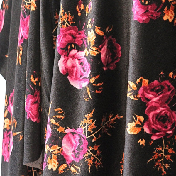 handmade velvet scarf in black and magenta floral close up