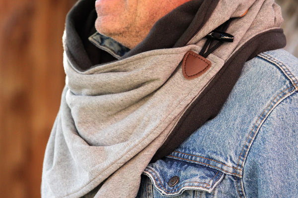 men's grey jersey knit and fleece neck wrap on model