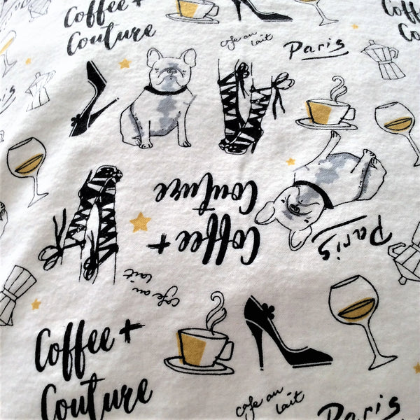 flannel pillowcase close up of white with black and gold Paris themed print