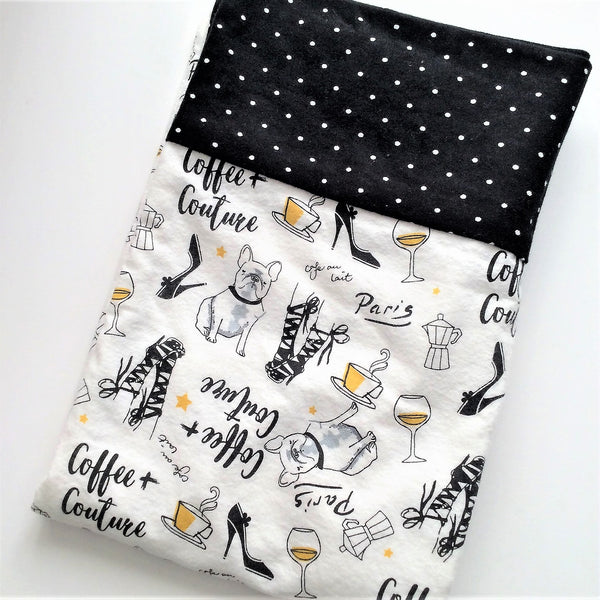 flannel pillowcase white with black and gold Paris themed print folded