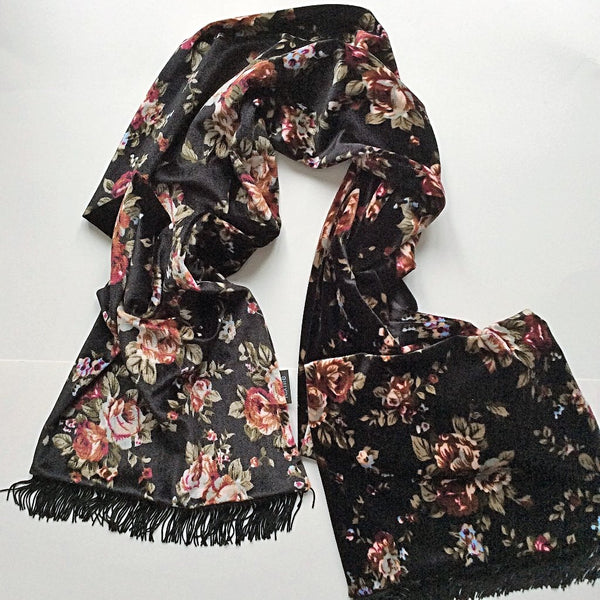 velvet scarf with cranberry and olive floral pattern on black background