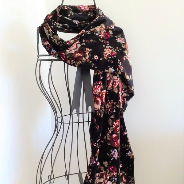 velvet scarf with ivory cranberry and olive floral print on black background