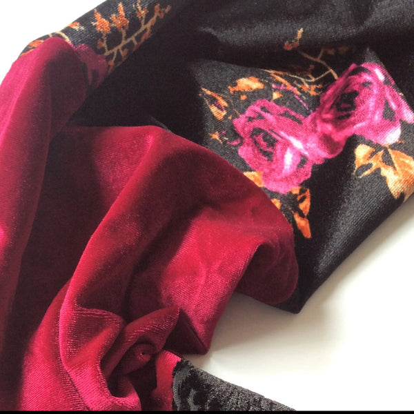 handmade velvet scarf colour blocked magenta and black close up
