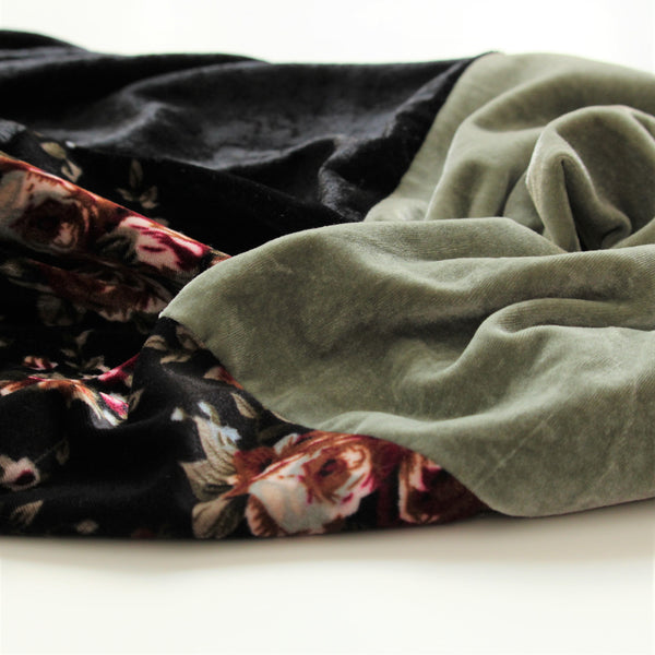 handmade velvet scarf sage green black and floral fabric flatlay close up