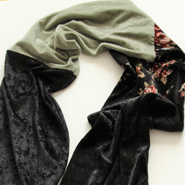 handmade velvet scarf sage green black and floral fabric flatlay on a white background