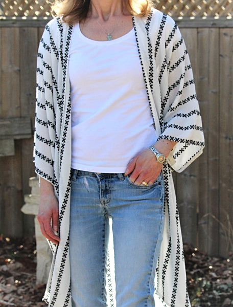 white kimono cardigan with black embroidered stripes duster length